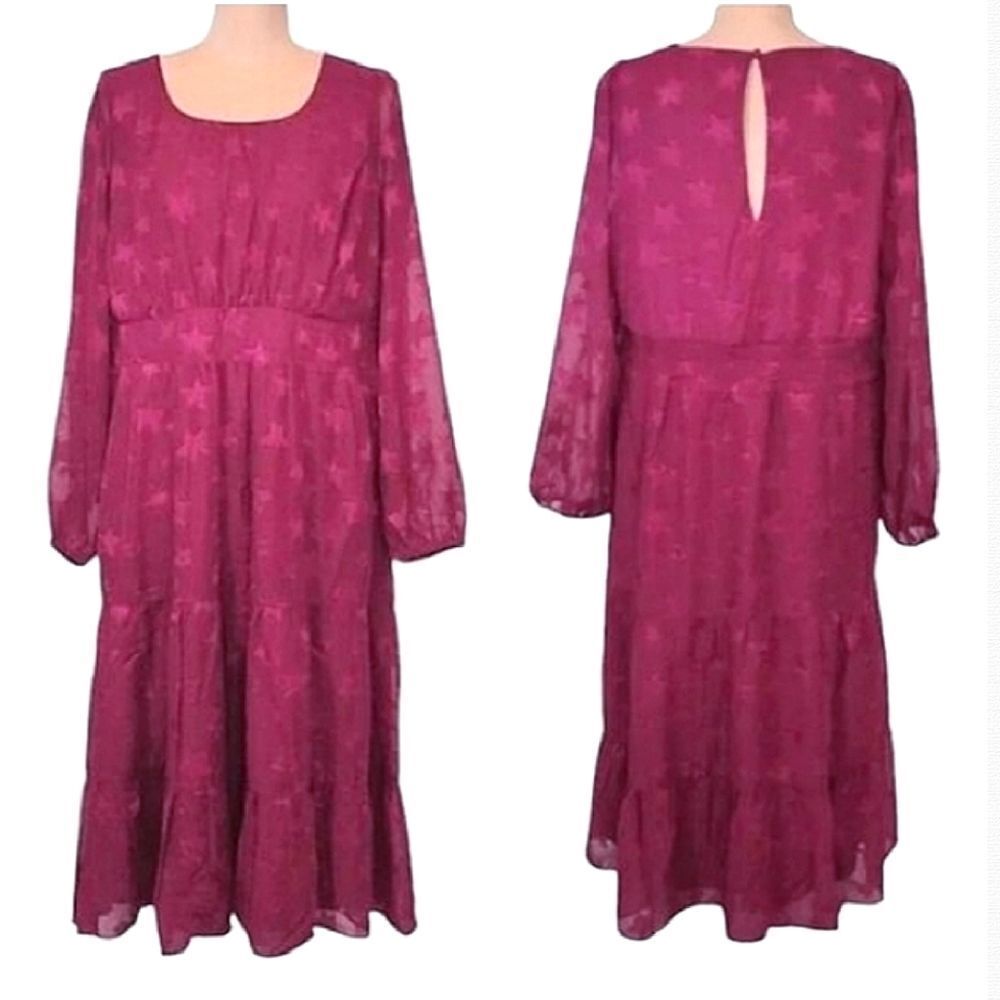 Torrid Burgundy Stars Clip Dot‎ Chiffon Tiered Midi Dress Size 10 NWT